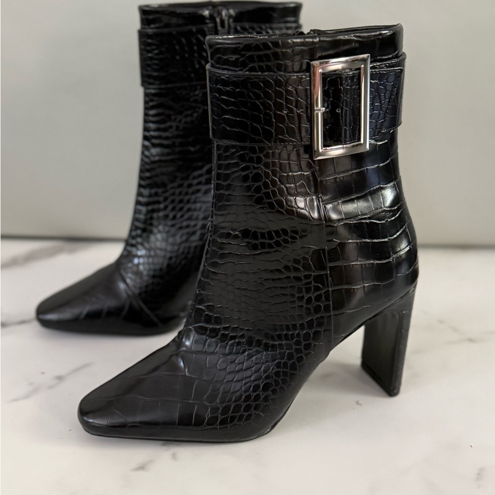 ASOS Black Croc-Patterned Ankle Boots with Buckle
